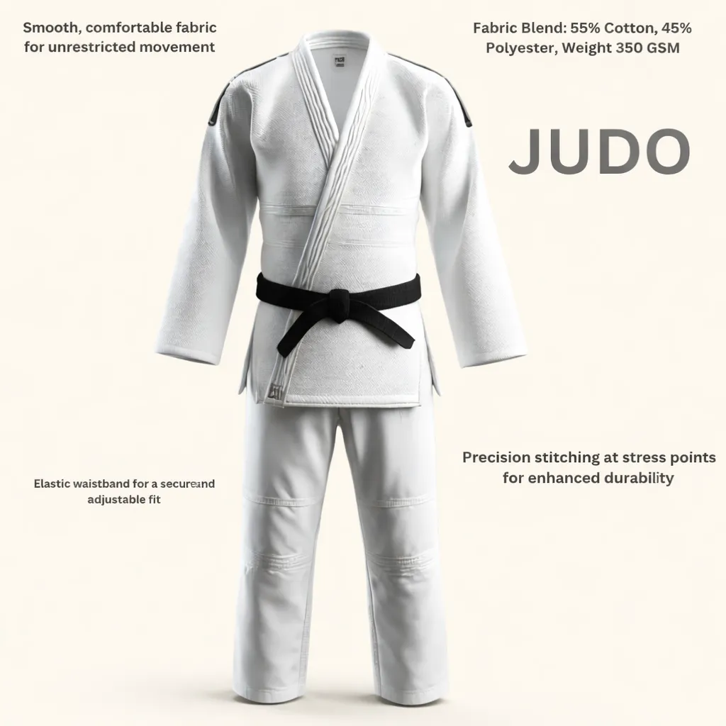 Premium white judo uniform gi with black belt for professional training and competition.