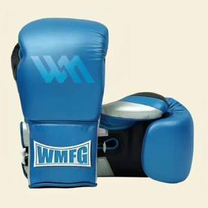 Blue Azure Bite boxing gloves with WMFG logo for training and sparring.