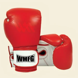 Red Scarlet Striker boxing gloves with WMFG logo for training and competition.