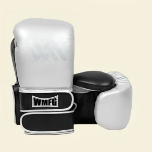 White and black Sonic Pro boxing gloves with WMFG logo for training and sparring.
