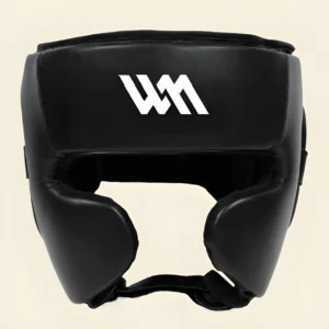 Titan Fortress Head Guard for combat and martial arts training, handcrafted leather with custom emblem.