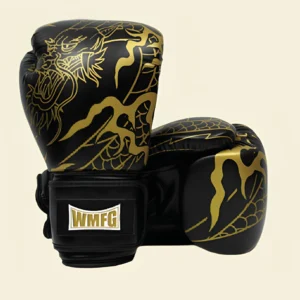 Black and gold Vortex Elite boxing gloves with dragon design for training and sparring.