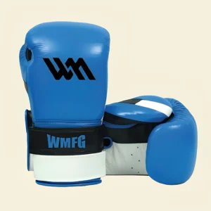 Warya Azure Pro blue boxing gloves with wrist strap for sparring and training.
